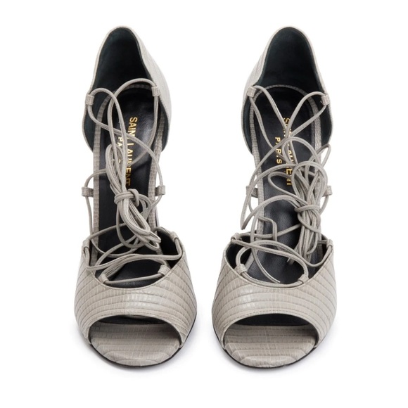 Saint Laurent Embossed Leather Gladiator Open Toe Heels Gray lace up ankle Wrap - Picture 8 of 10